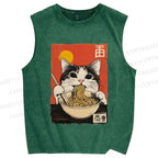 Unisex Ramen Cat Printed Washed Tank Top