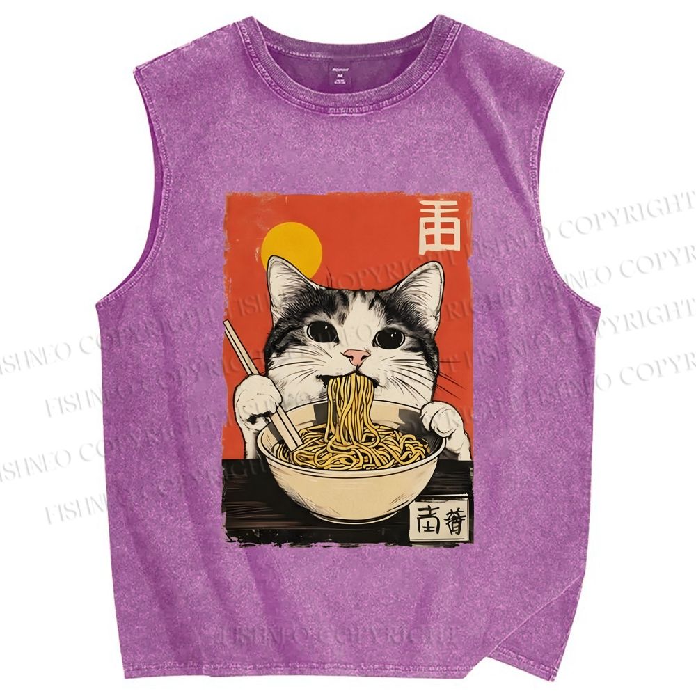 Unisex Ramen Cat Printed Washed Tank Top