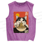 Unisex Ramen Cat Printed Washed Tank Top