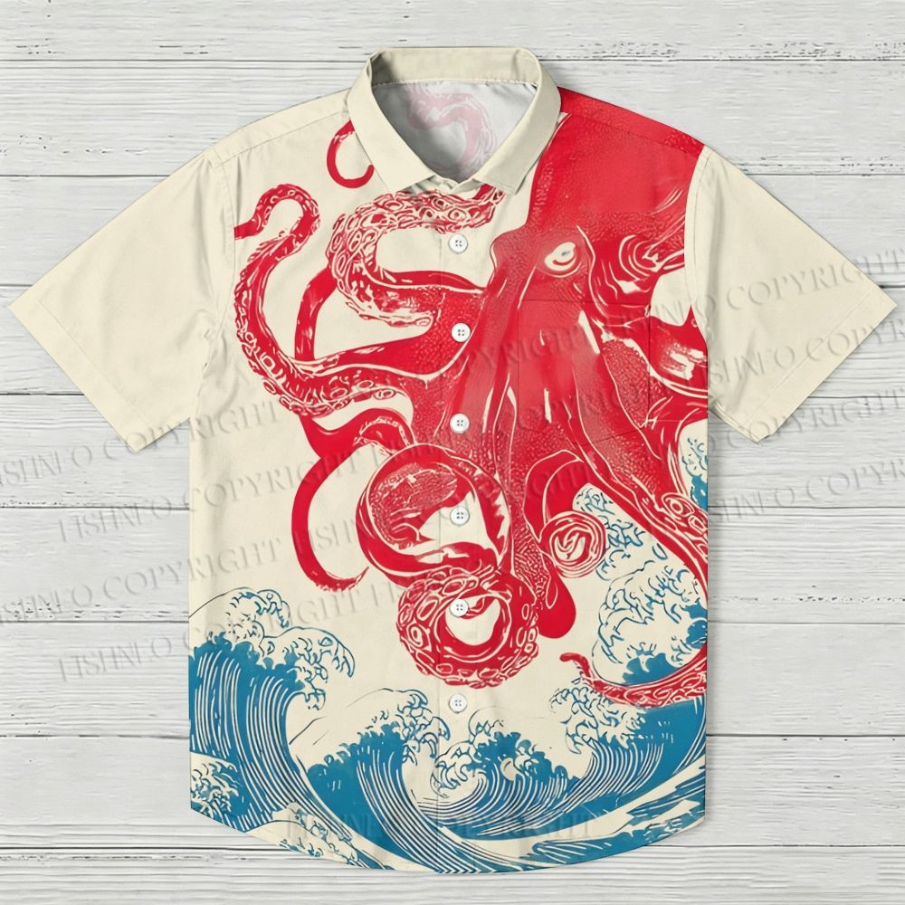 Octopus in Wave Japanese Ukiyo-e Hawaiian Shirt