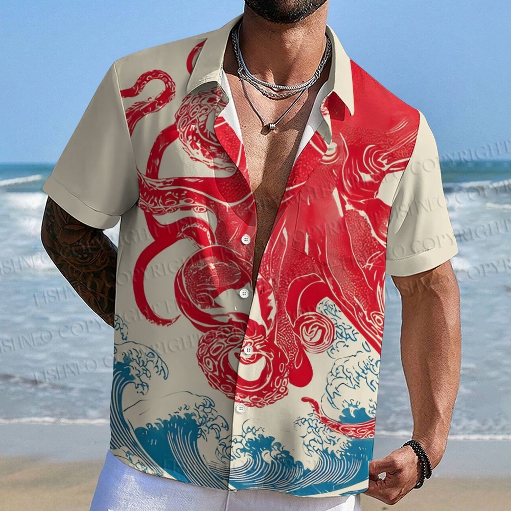 Octopus in Wave Japanese Ukiyo-e Hawaiian Shirt