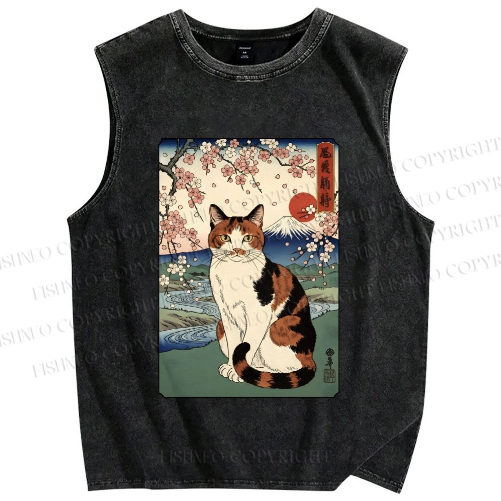 Unisex Cat Japanese Mount Fuji Sakura Printed Washed Tank Top