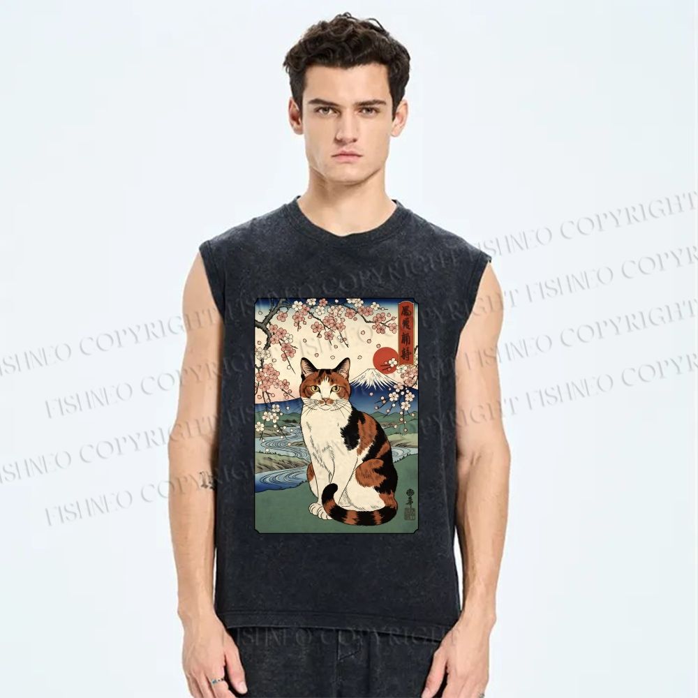 Unisex Cat Japanese Mount Fuji Sakura Printed Washed Tank Top