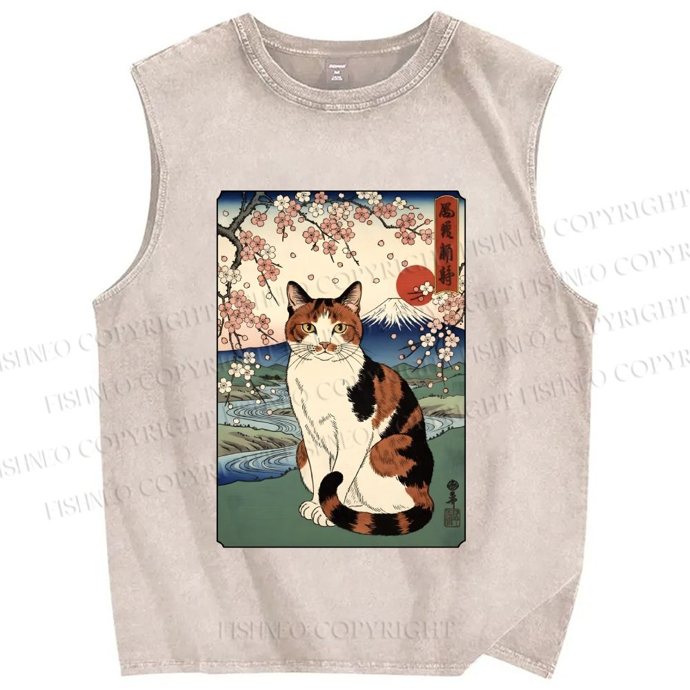 Unisex Cat Japanese Mount Fuji Sakura Printed Washed Tank Top