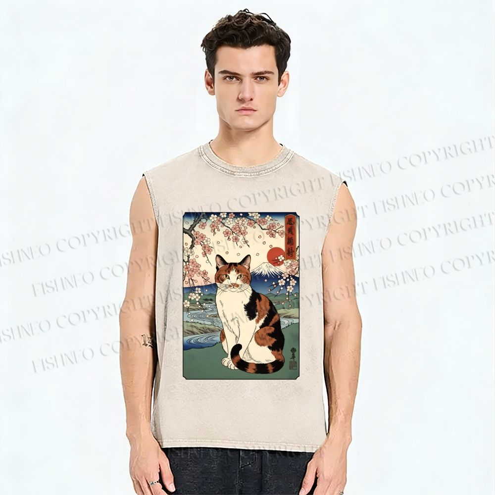 Unisex Cat Japanese Mount Fuji Sakura Printed Washed Tank Top
