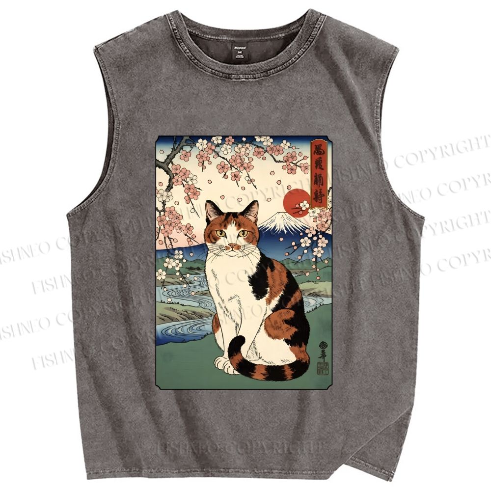Unisex Cat Japanese Mount Fuji Sakura Printed Washed Tank Top