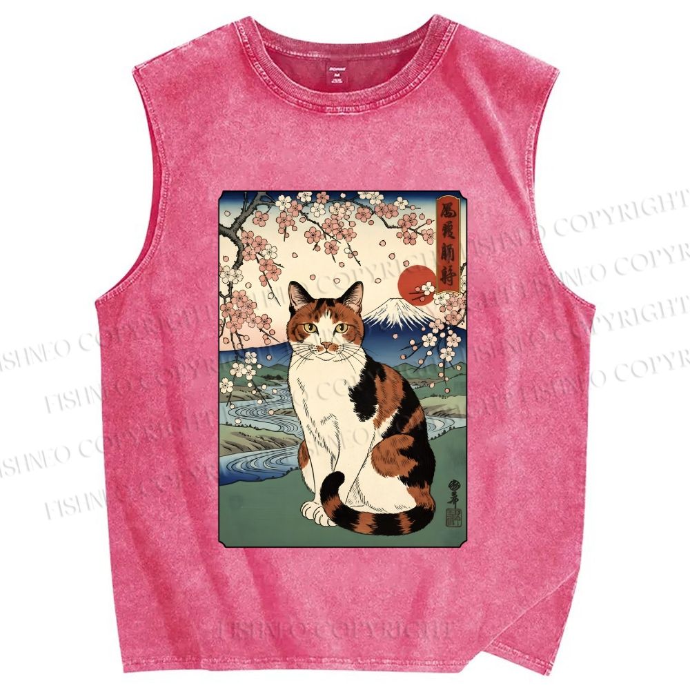 Unisex Cat Japanese Mount Fuji Sakura Printed Washed Tank Top