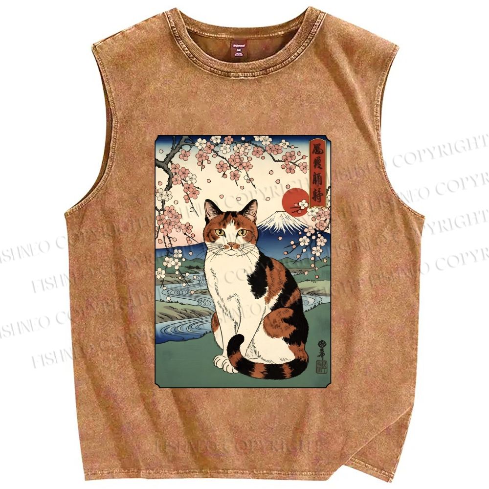 Unisex Cat Japanese Mount Fuji Sakura Printed Washed Tank Top