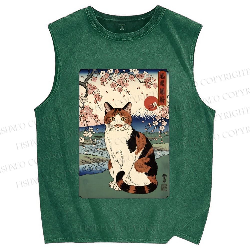 Unisex Cat Japanese Mount Fuji Sakura Printed Washed Tank Top