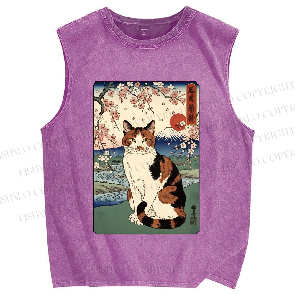 Unisex Cat Japanese Mount Fuji Sakura Printed Washed Tank Top