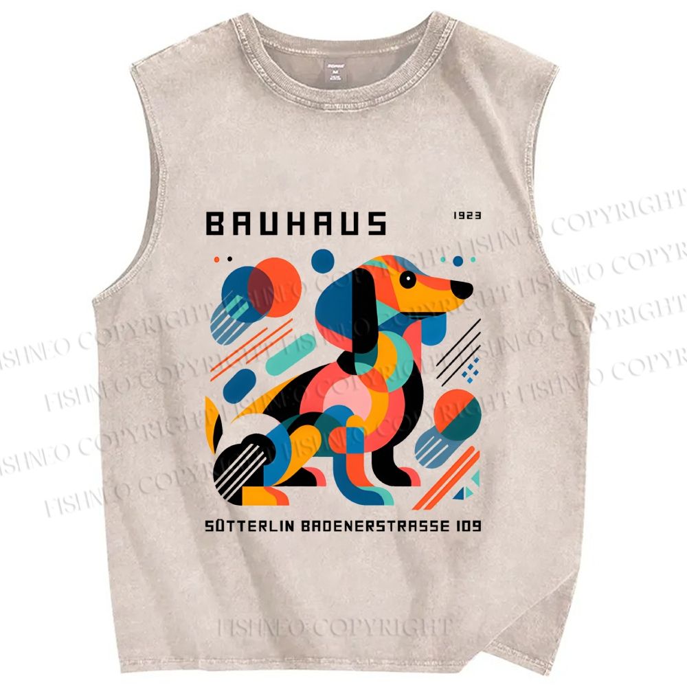 Unisex Bauhaus Geometric Dog Printed Washed Tank Top