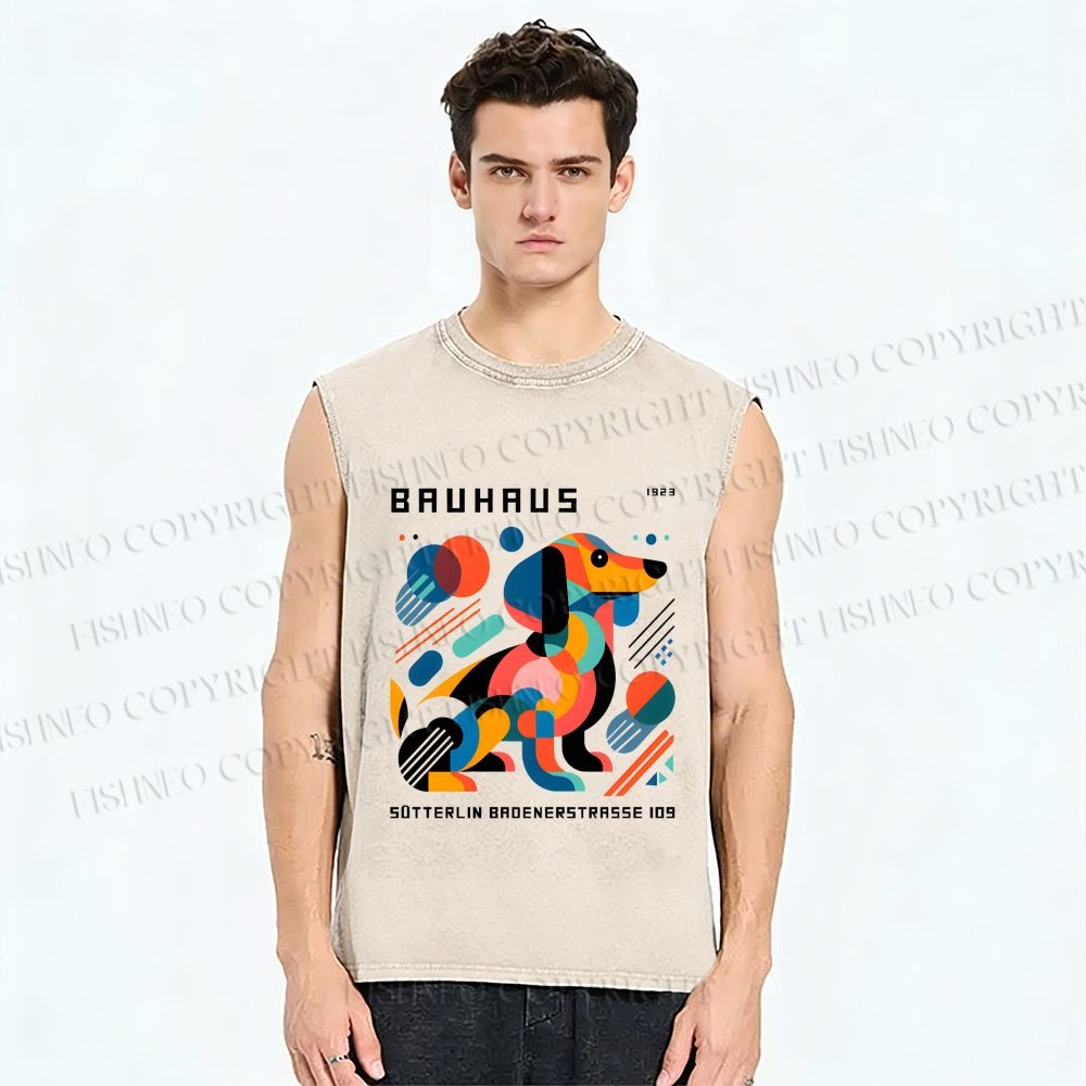 Unisex Bauhaus Geometric Dog Printed Washed Tank Top