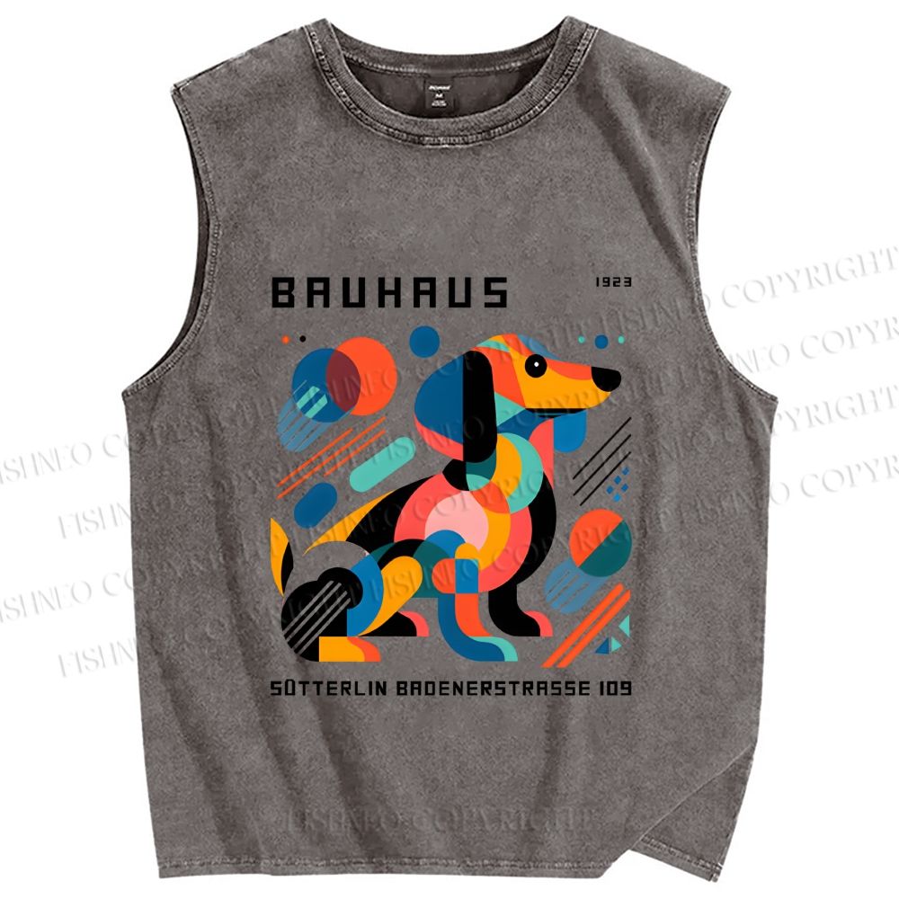 Unisex Bauhaus Geometric Dog Printed Washed Tank Top