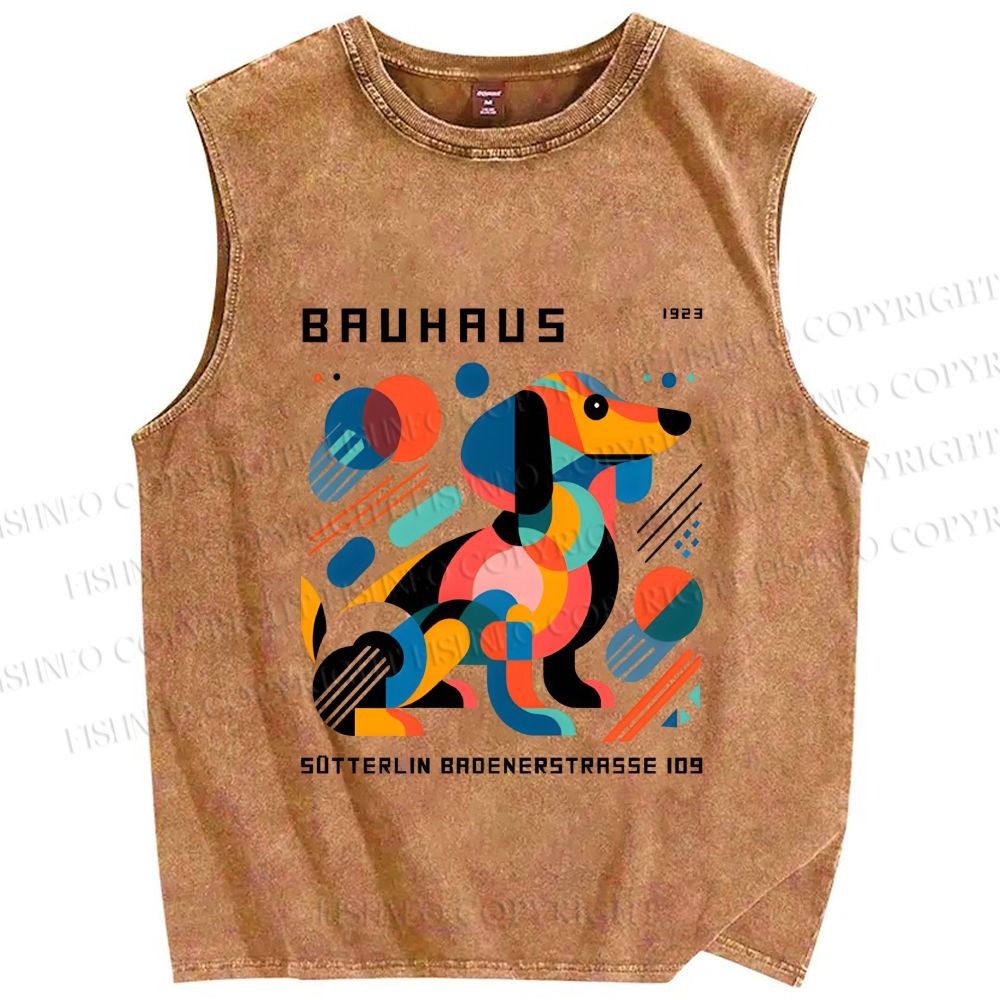 Unisex Bauhaus Geometric Dog Printed Washed Tank Top