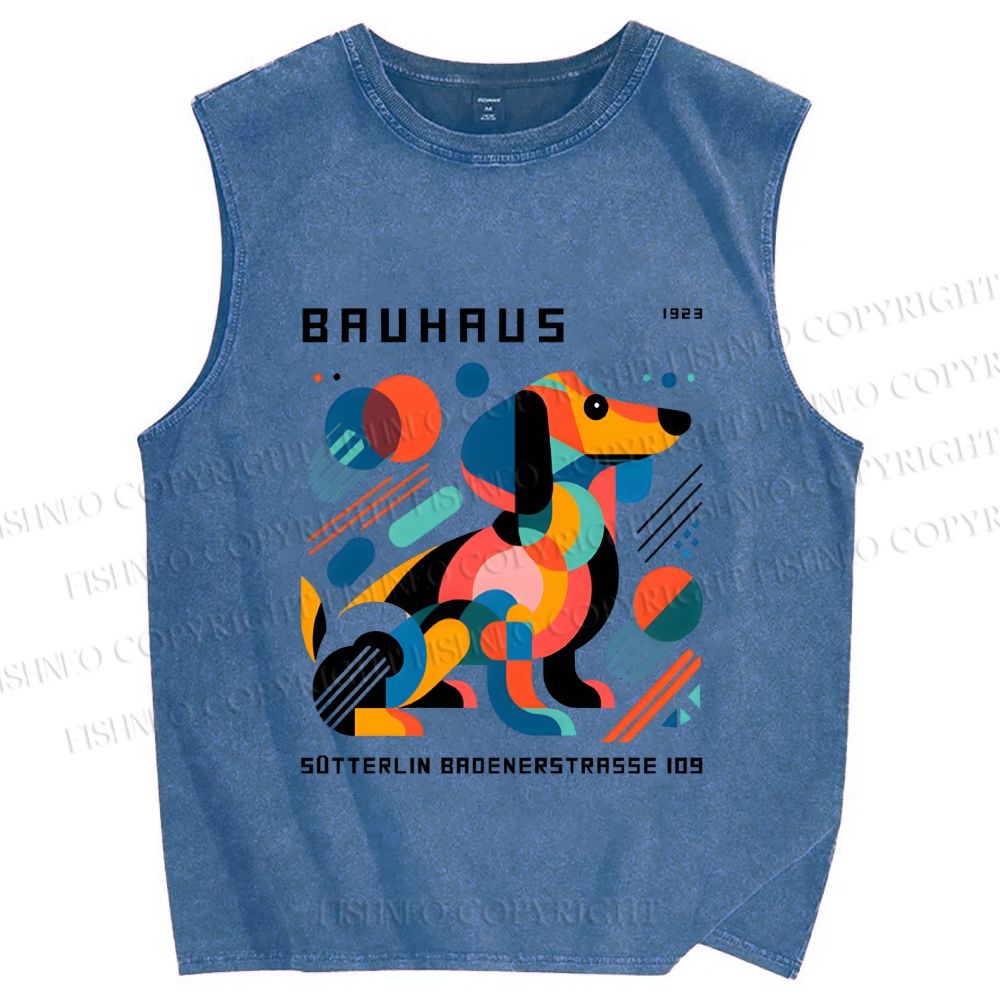 Unisex Bauhaus Geometric Dog Printed Washed Tank Top