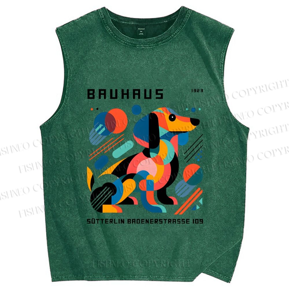 Unisex Bauhaus Geometric Dog Printed Washed Tank Top