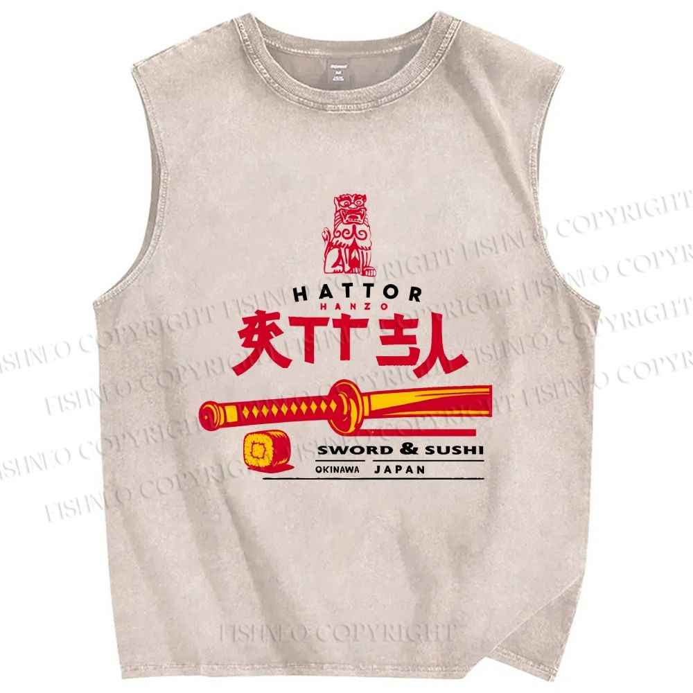 Unisex Hattori Hanzo Sword Sushi Printed Washed Tank Top