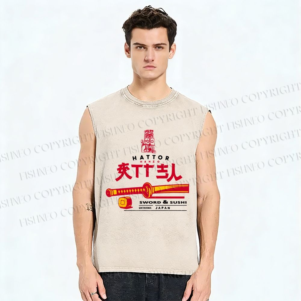 Unisex Hattori Hanzo Sword Sushi Printed Washed Tank Top