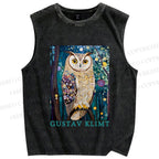 Unisex Gustav Klimt Owl Printed Washed Tank Top