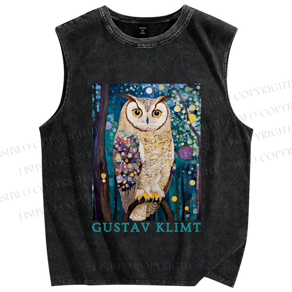 Unisex Gustav Klimt Owl Printed Washed Tank Top