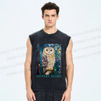 Unisex Gustav Klimt Owl Printed Washed Tank Top