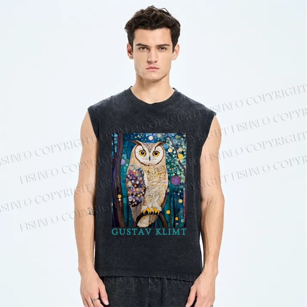 Unisex Gustav Klimt Owl Printed Washed Tank Top