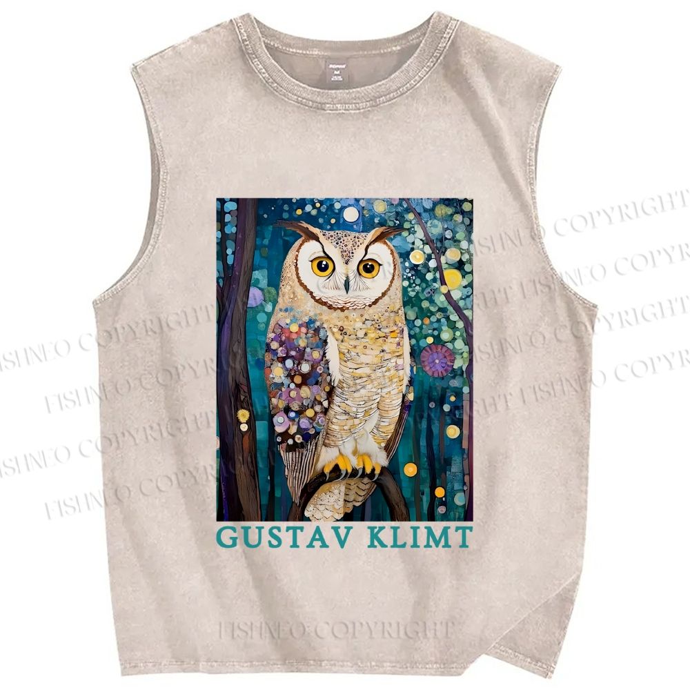 Unisex Gustav Klimt Owl Printed Washed Tank Top