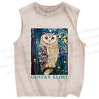 Unisex Gustav Klimt Owl Printed Washed Tank Top