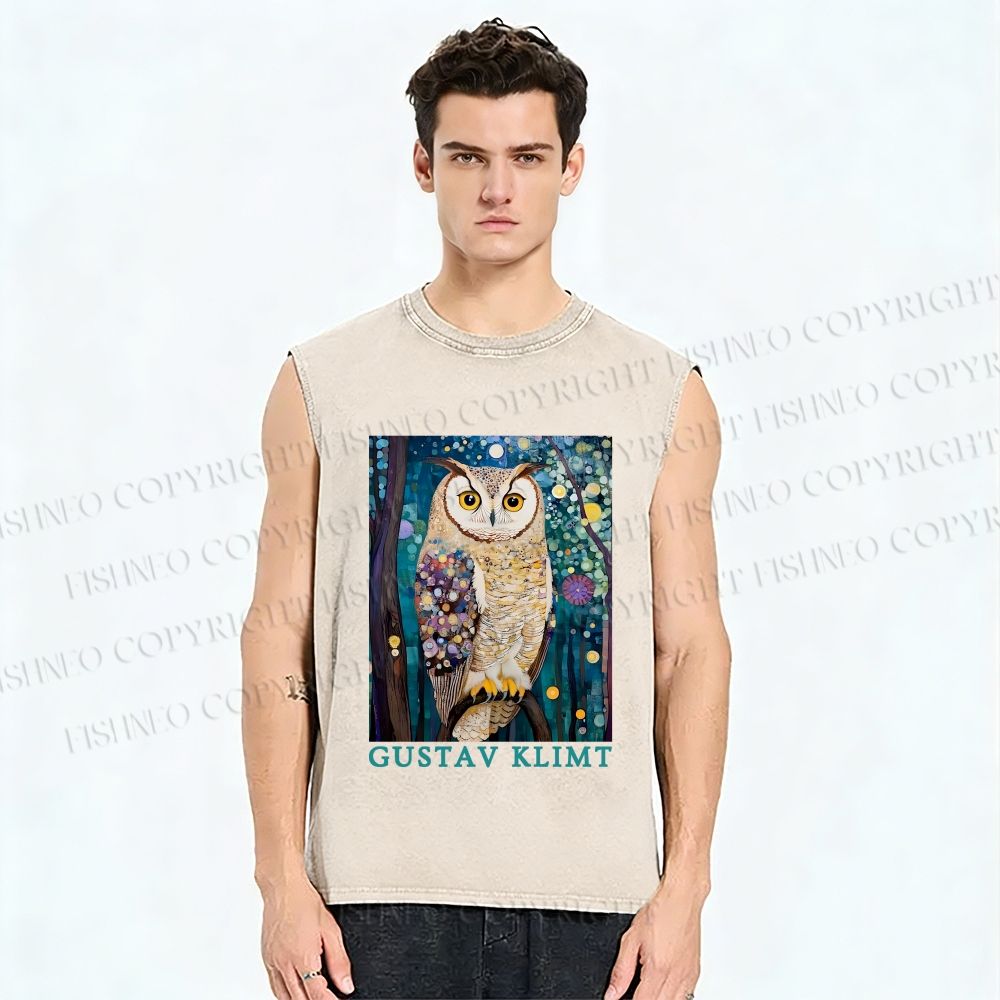 Unisex Gustav Klimt Owl Printed Washed Tank Top