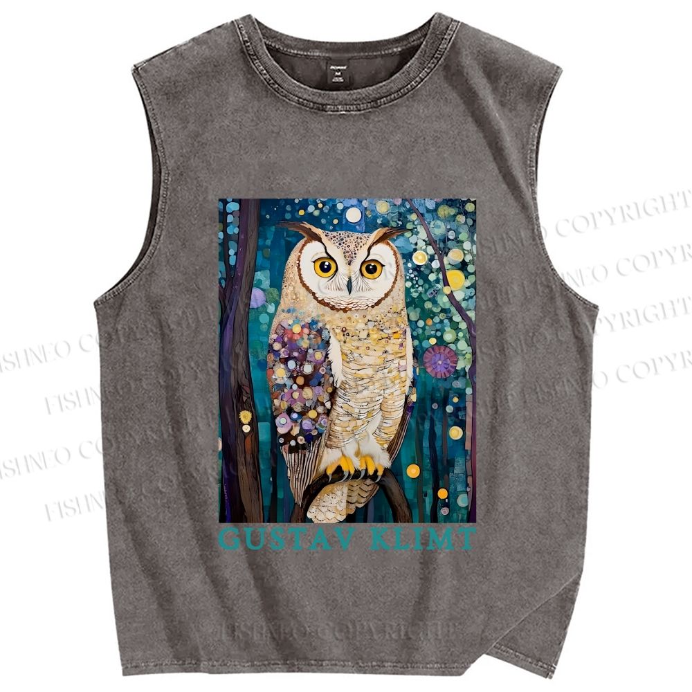 Unisex Gustav Klimt Owl Printed Washed Tank Top