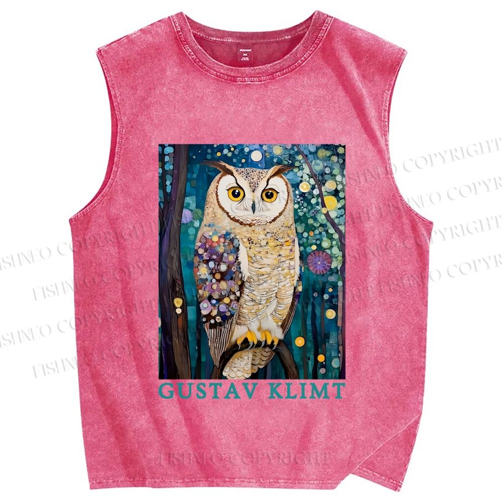 Unisex Gustav Klimt Owl Printed Washed Tank Top