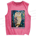 Unisex Gustav Klimt Owl Printed Washed Tank Top