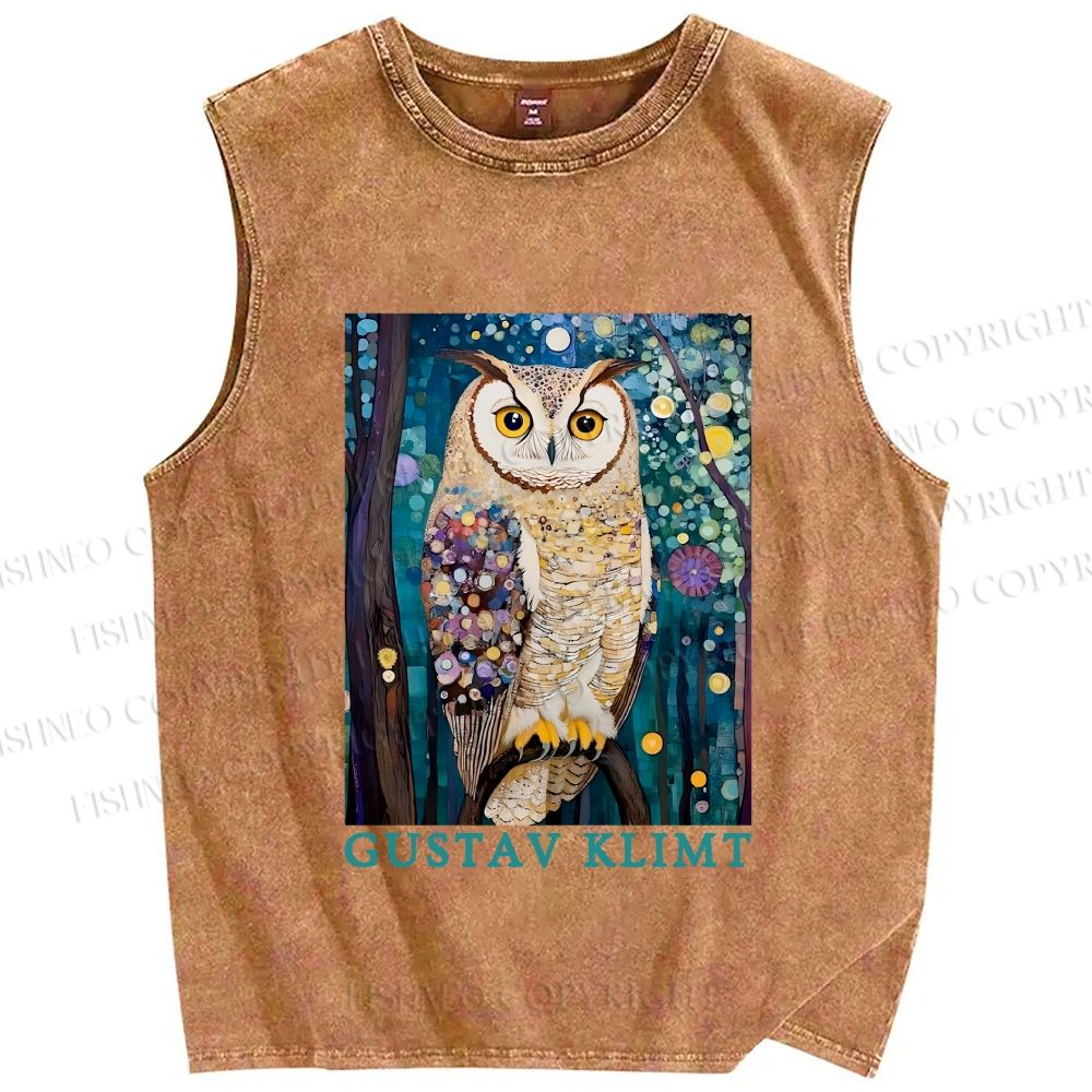 Unisex Gustav Klimt Owl Printed Washed Tank Top