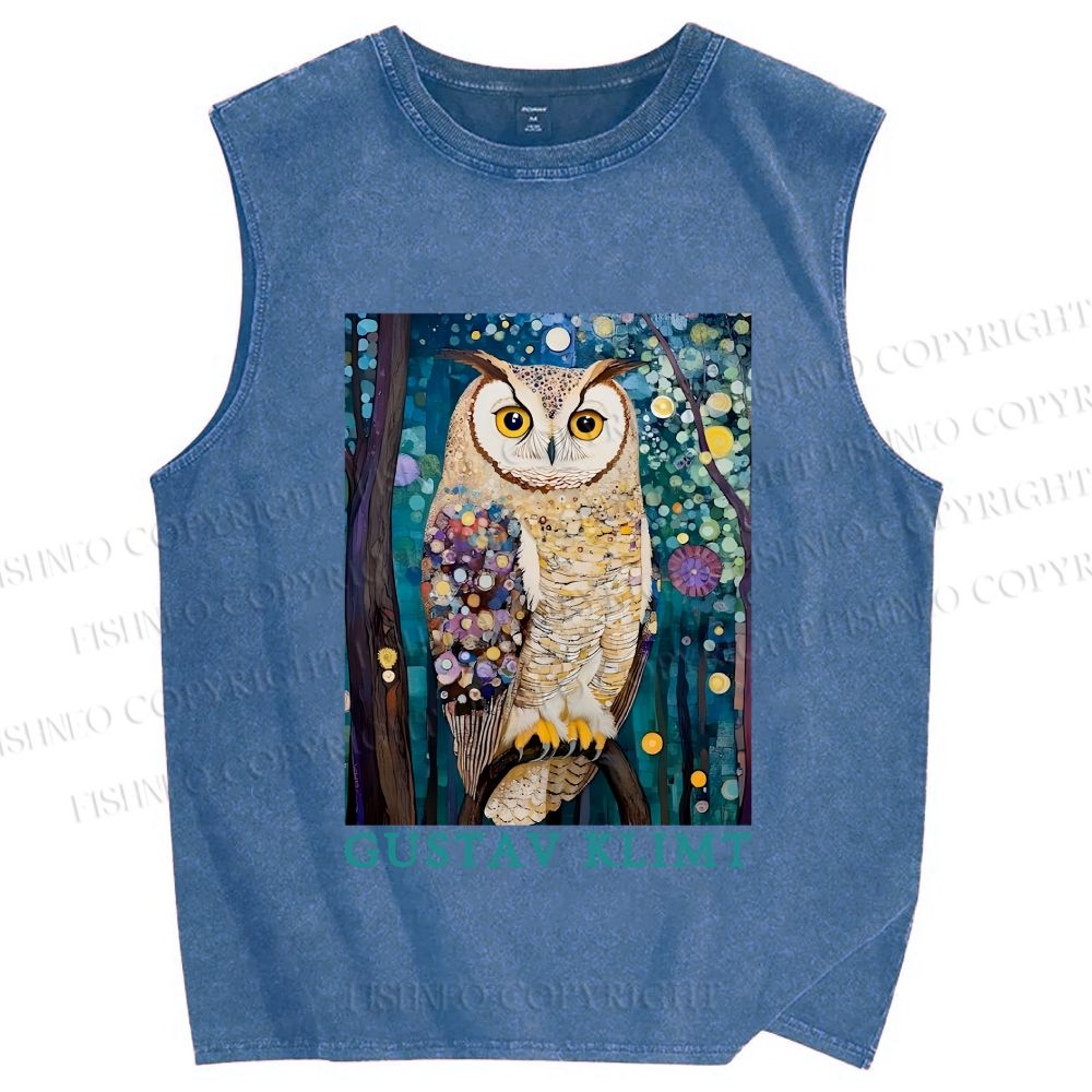 Unisex Gustav Klimt Owl Printed Washed Tank Top