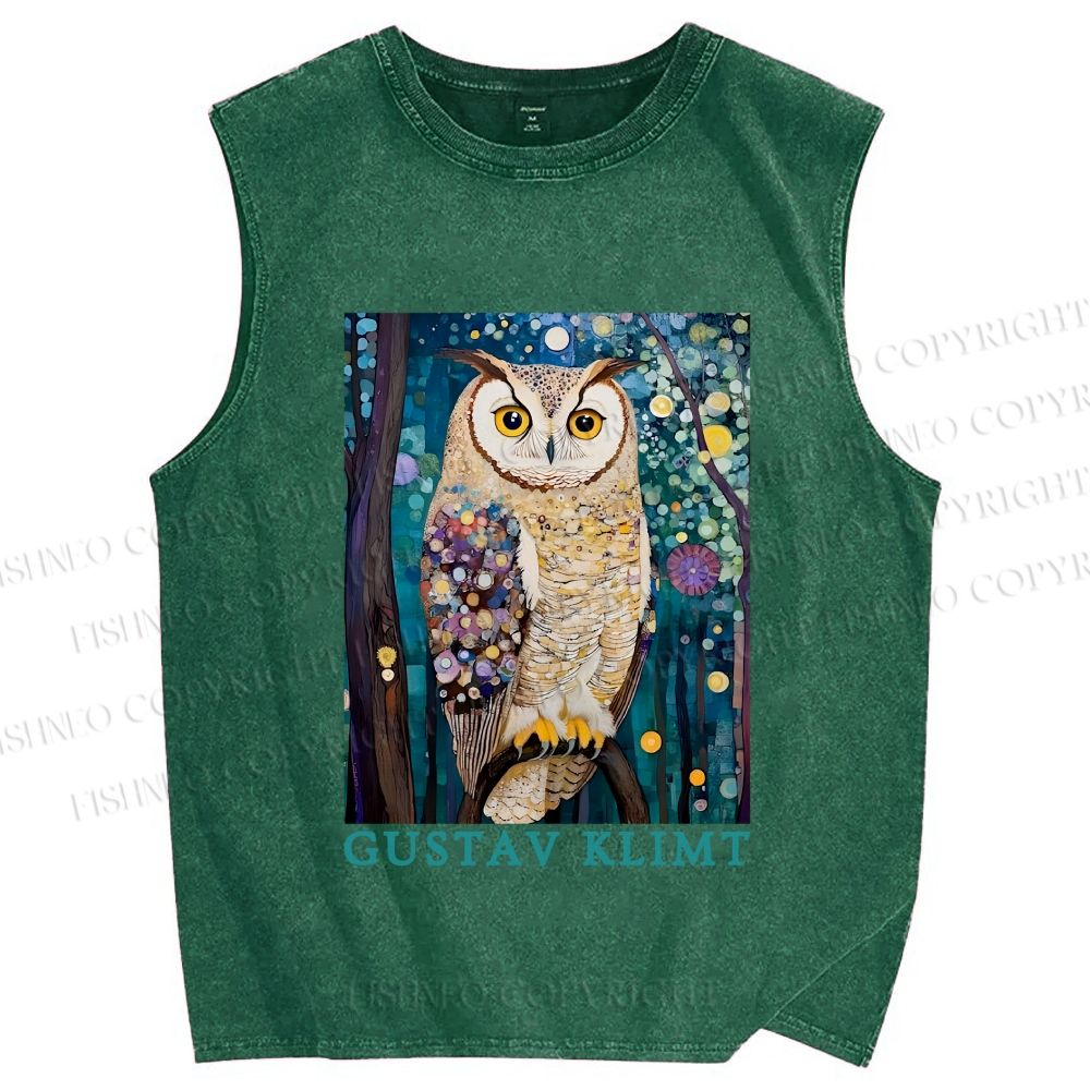 Unisex Gustav Klimt Owl Printed Washed Tank Top