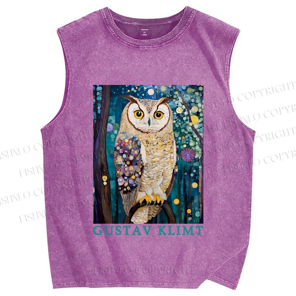 Unisex Gustav Klimt Owl Printed Washed Tank Top