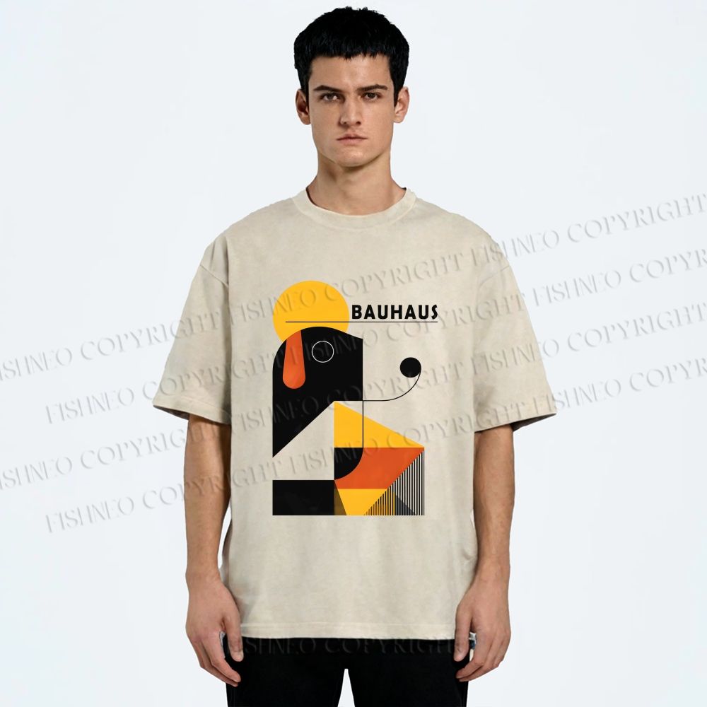 Unisex Bauhaus Geometric Dog Printed Washed Tee