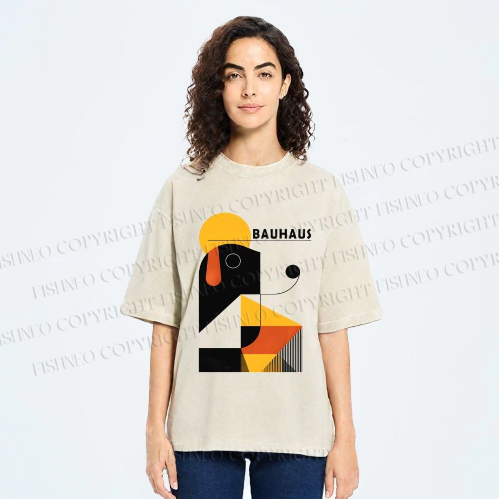Unisex Bauhaus Geometric Dog Printed Washed Tee