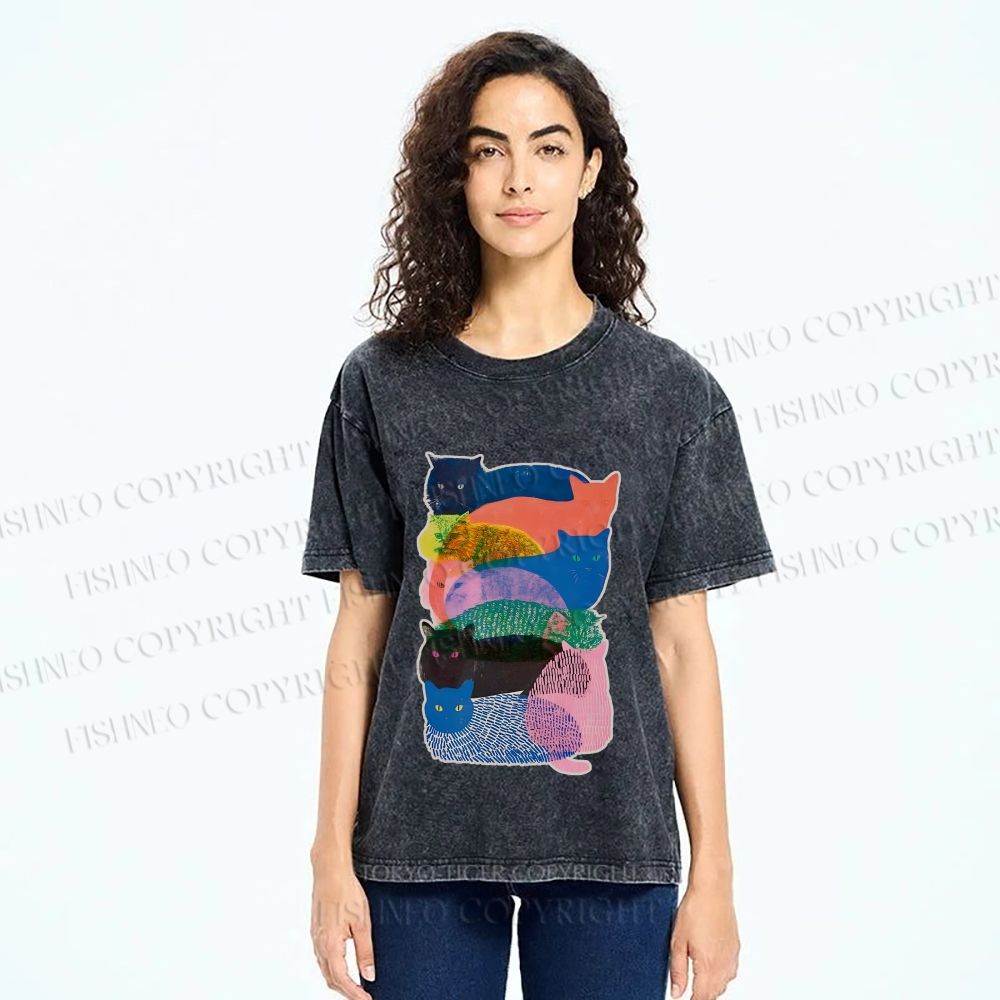 Unisex Cat Jenga Printed Washed Tee