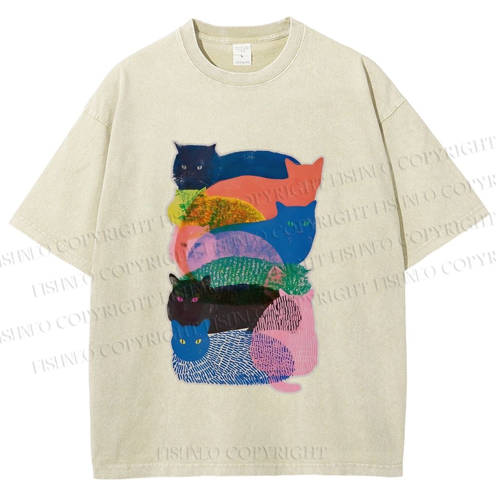 Unisex Cat Jenga Printed Washed Tee
