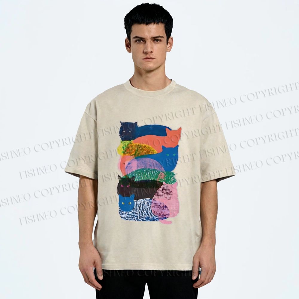 Unisex Cat Jenga Printed Washed Tee