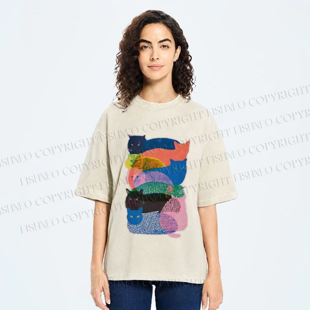 Unisex Cat Jenga Printed Washed Tee