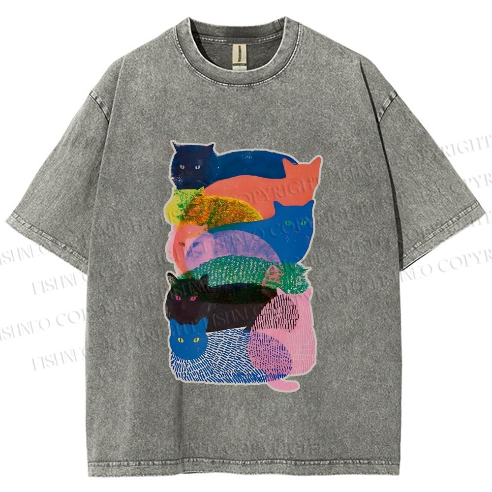 Unisex Cat Jenga Printed Washed Tee