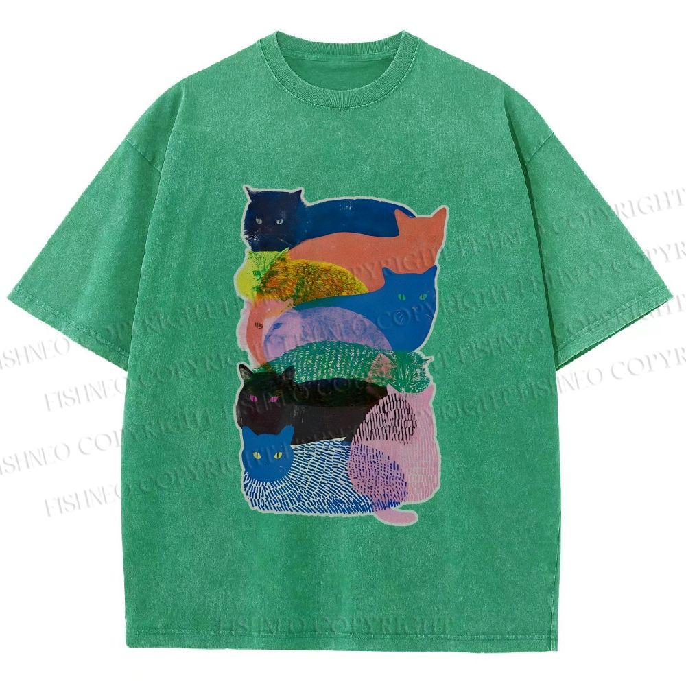 Unisex Cat Jenga Printed Washed Tee