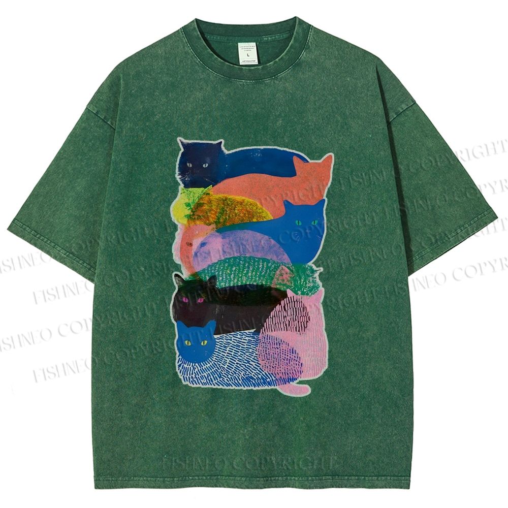 Unisex Cat Jenga Printed Washed Tee
