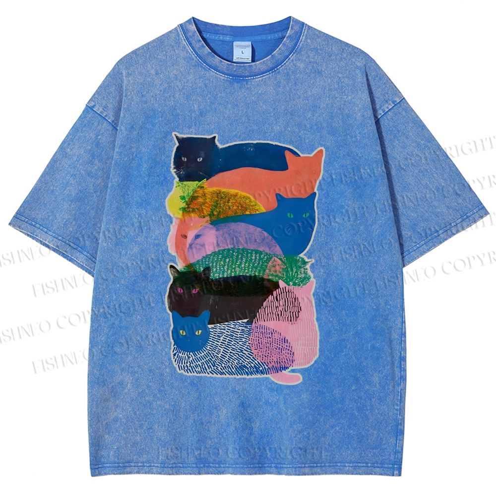 Unisex Cat Jenga Printed Washed Tee