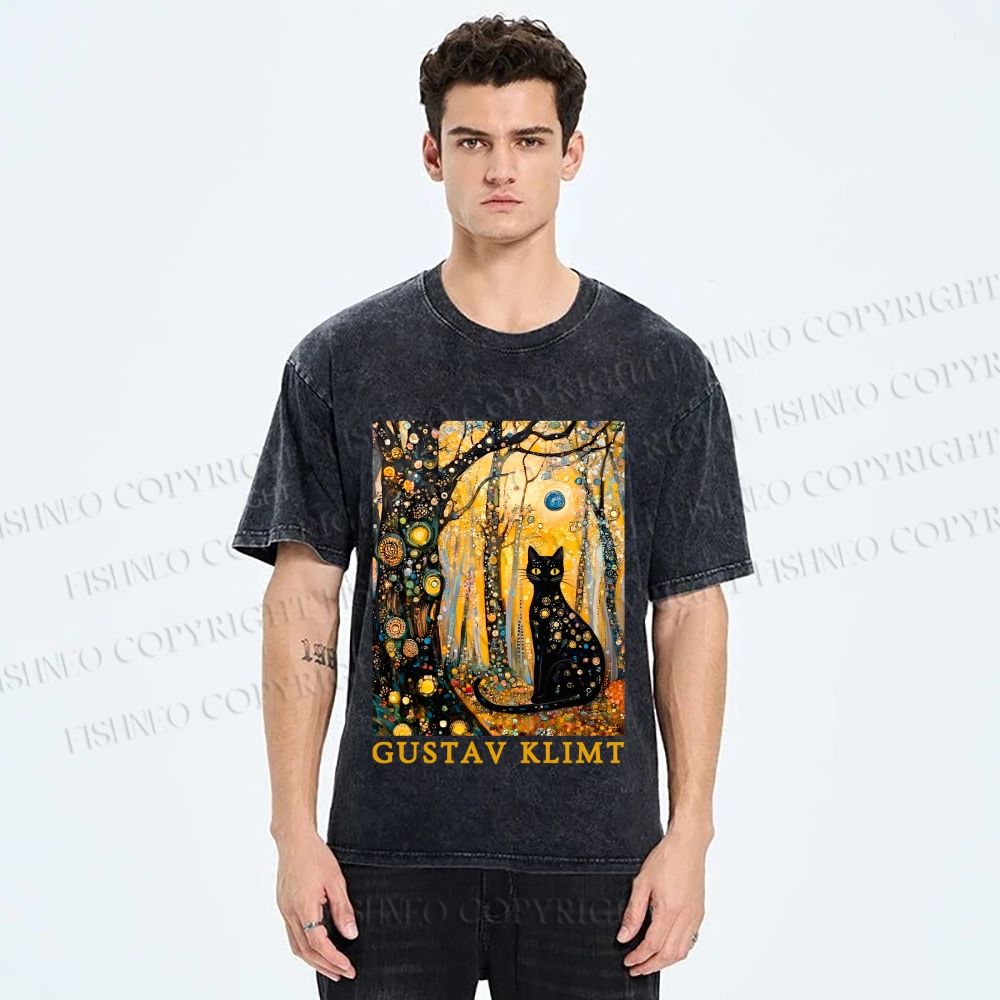 Unisex Gustav Klimt Cat in Wood Printed Washed Tee
