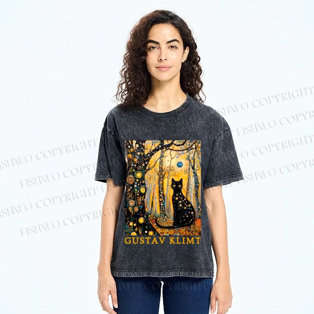 Unisex Gustav Klimt Cat in Wood Printed Washed Tee