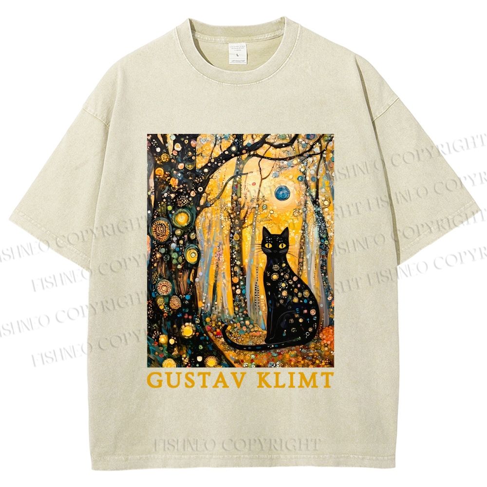 Unisex Gustav Klimt Cat in Wood Printed Washed Tee