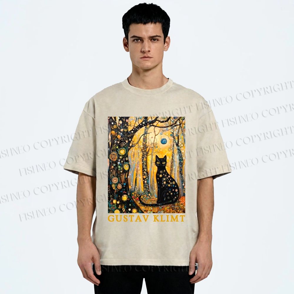 Unisex Gustav Klimt Cat in Wood Printed Washed Tee